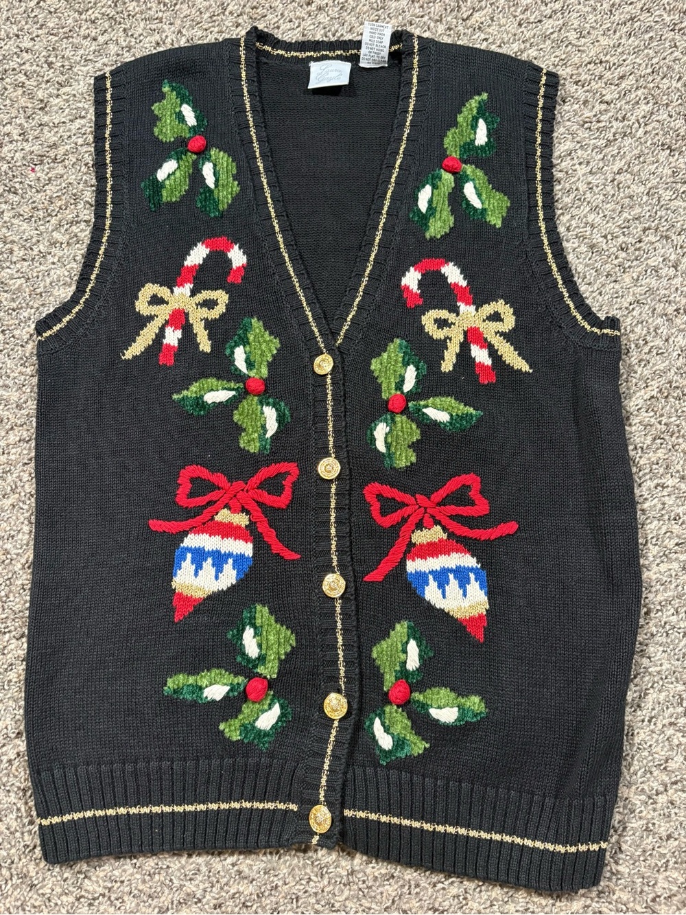 Black Festive Holiday Knit Vest with Ornaments and Mistletoe